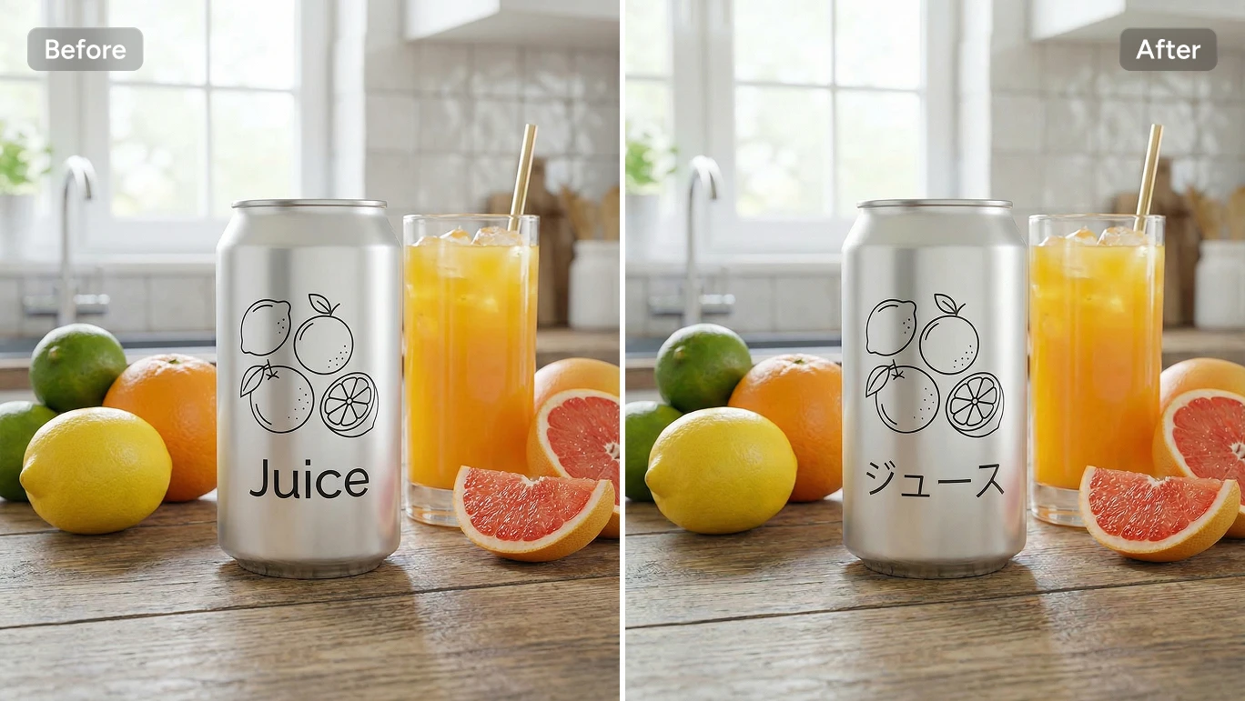 effet avant/après remplaçant une tasse de café par un verre de jus d’orange avec Nano Banana Pro